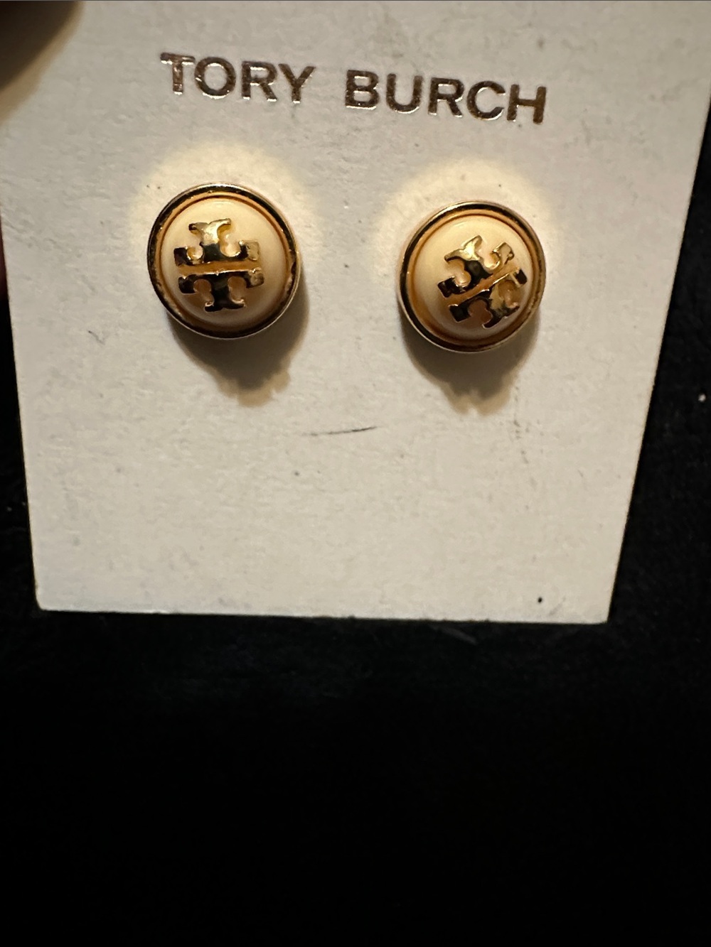 Tory Burch Gold and Cream Enamel Logo Stud Earrings NEW
